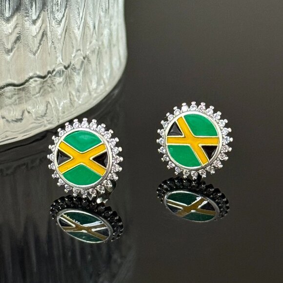 Jamaica Flag Bling Earrings S925 Sterling Silver Stud Earrings Handmade Ear stud - Picture 4 of 6